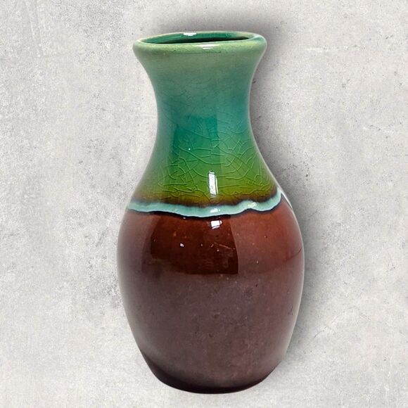 Vintage Teal & Brown Drip Glaze Pottery Bud Vase 6" MCM Retro Artisan Decor - Picture 4 of 12